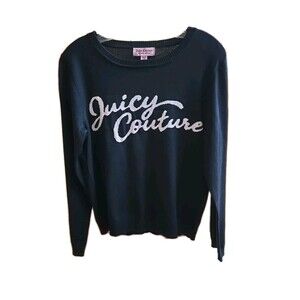 Juicy Couture Women's Navy Blue Pullover Sweater Medium Pink Logo Front NEW